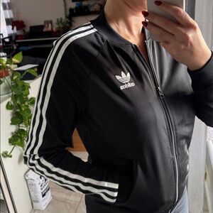 Adidas Men's Black Bomber Jacket with White Stripes